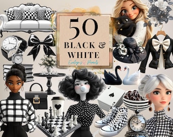 Black & White Clipart Monochrome Fashion Girl PNG Checkered Decor Clipart Retro Accessories Planner PNG | Commercial Use Clipart Transparent