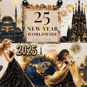 Feliz año nuevo Clipart mundial Celebración del año nuevo 2025 PNG Fiesta negra y dorada Deco PNG Lugares de interés / Uso comercial Clipart Transparente