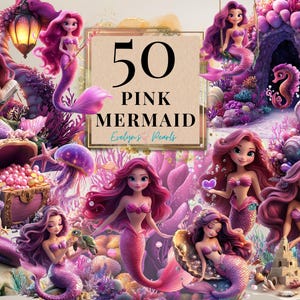 Petite sirène Clipart Jolie sirène rose PNG Sous la mer Clipart créatures marines PNG Conte de fées, plage | Clipart à usage commercial transparent