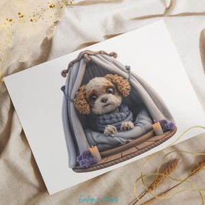 May include: A small, white dog with brown fur is curled up inside a blue and white tent-like structure. The dog is wearing a blue and white scarf and has a worried expression on its face. There are two small candles on the floor of the tent.