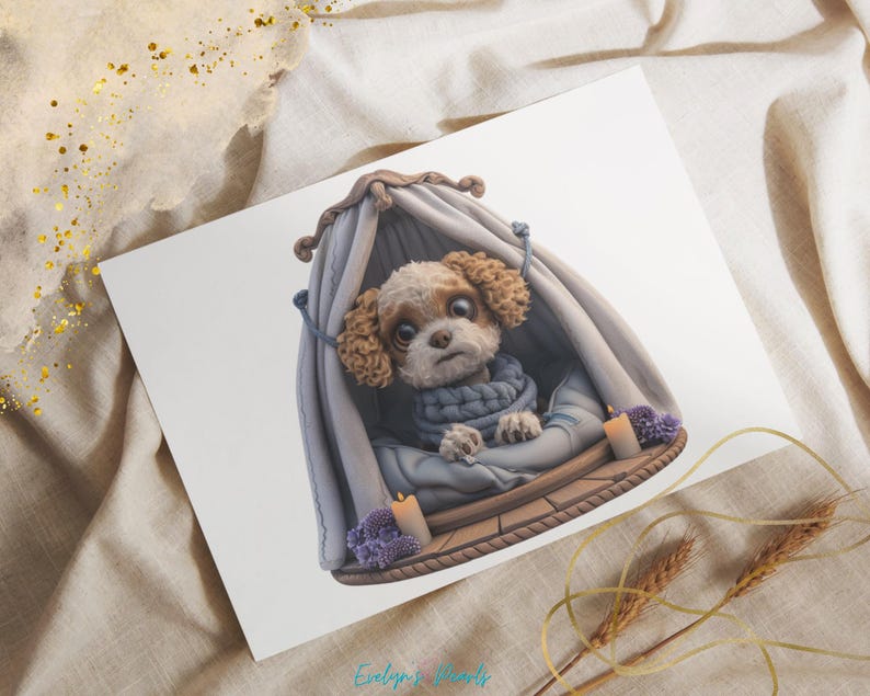 May include: A small, white dog with brown fur is curled up inside a blue and white tent-like structure. The dog is wearing a blue and white scarf and has a worried expression on its face. There are two small candles on the floor of the tent.