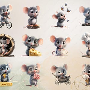 May include: A set of ten adorable cartoon mouse illustrations. The mice are depicted in various poses, including riding a bicycle, holding a cup of tea, and eating cheese. The illustrations are perfect for adding a touch of whimsy to any project.