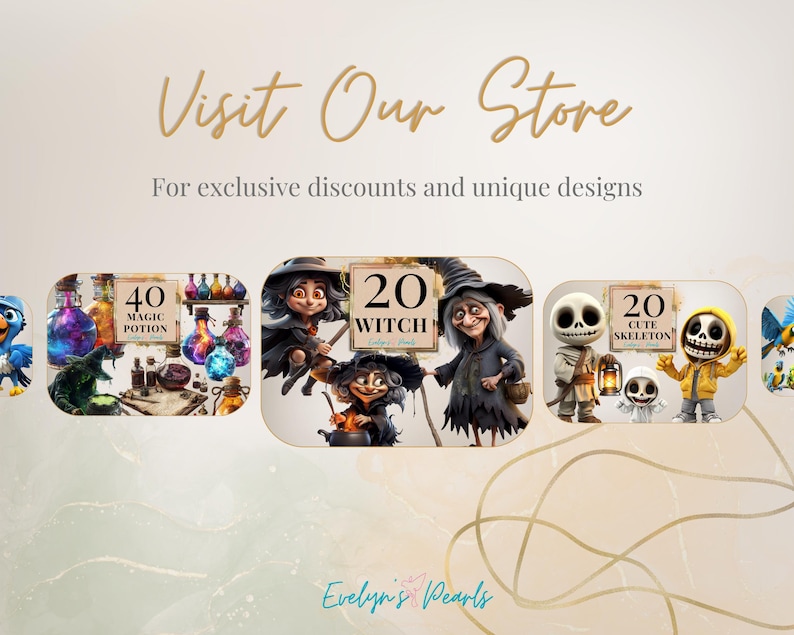 May include: A digital collage of Halloween themed images. The images include a witch on a broomstick, a skeleton, and a variety of potion bottles. The text "Visit Our Store" is at the top of the image. The text "For exclusive discounts and unique designs" is below the text "Visit Our Store". The text "40 Magic Potion", "20 Witch", and "20 Cute Skeleton" are on signs in the images.