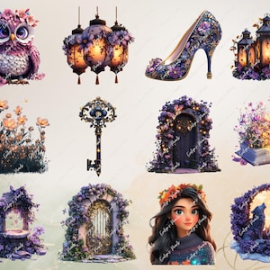 May include: A collection of whimsical illustrations featuring a purple owl with floral accents, ornate lanterns, a high-heeled shoe, and a decorative key. Other images include a fairy tale door, a girl with a flower crown, and a wolf howling at the moon.