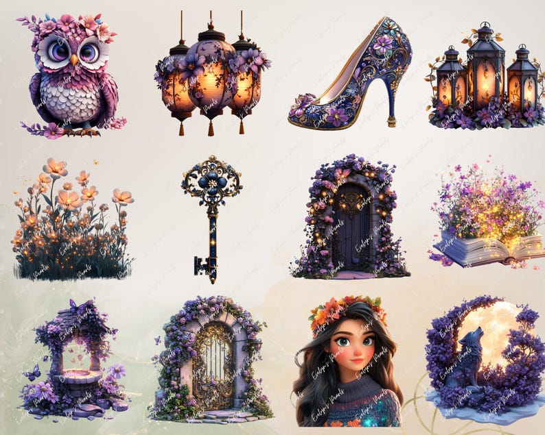 May include: A collection of whimsical illustrations featuring a purple owl with floral accents, ornate lanterns, a high-heeled shoe, and a decorative key. Other images include a fairy tale door, a girl with a flower crown, and a wolf howling at the moon.