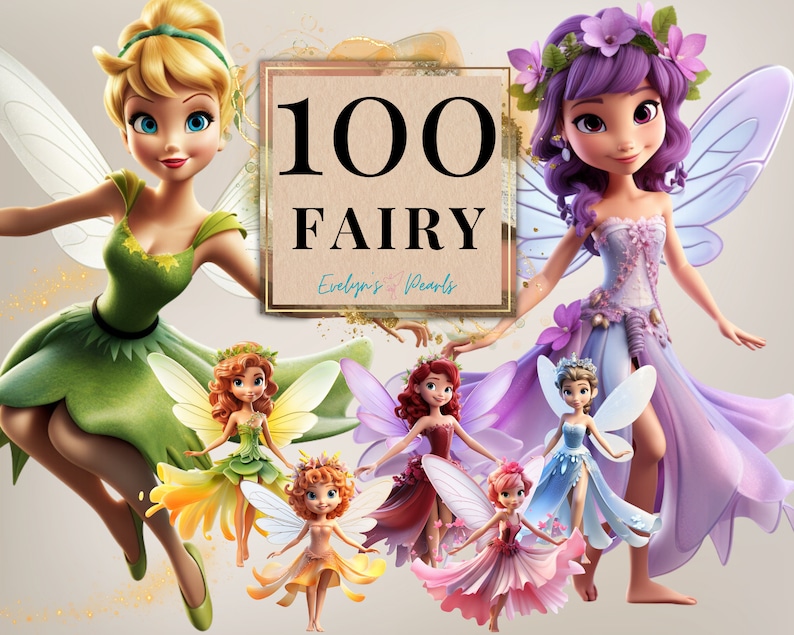May include: A collection of 100 fairy digital clipart images. The image shows seven fairies with wings, wearing colorful dresses and flower crowns. The fairies are surrounded by a light pink background with a gold frame that says "100 Fairy Evelyn's Pearls".