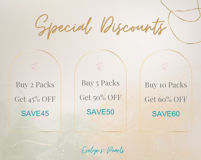 May include: A graphic with three arched sections, each with a pink bird icon. The text reads "Special Discounts" at the top. The sections list discounts for buying 2, 5, and 10 packs of products. The text reads "Buy 2 Packs Get 45% OFF SAVE45", "Buy 5 Packs Get 50% OFF SAVE50", and "Buy 10 Packs Get 60% OFF SAVE60". The text "Evelyn's Pearls" is at the bottom.