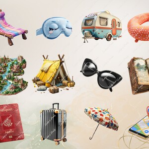 May include: A collection of travel essentials including a passport, suitcase, sunglasses, a sleep mask, a travel pillow, a beach chair, a tent, an umbrella, a book, and a smartphone with a map.