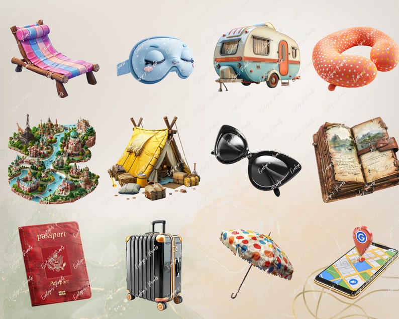 May include: A collection of travel essentials including a passport, suitcase, sunglasses, a sleep mask, a travel pillow, a beach chair, a tent, an umbrella, a book, and a smartphone with a map.