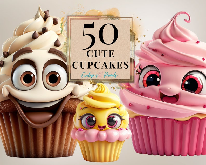 May include: Three cartoon cupcakes with smiling faces. The cupcakes are decorated with chocolate chips, pink frosting, and yellow frosting. The text "50 CUTE CUPCAKES" is written on a brown rectangle behind the cupcakes.
