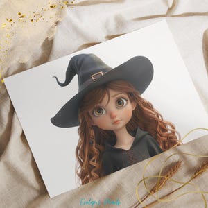 May include: A print featuring a cartoon illustration of a young witch with long, wavy auburn hair and large green eyes. She wears a black witch hat with a gold buckle and a black hooded top. The print is on a white background.