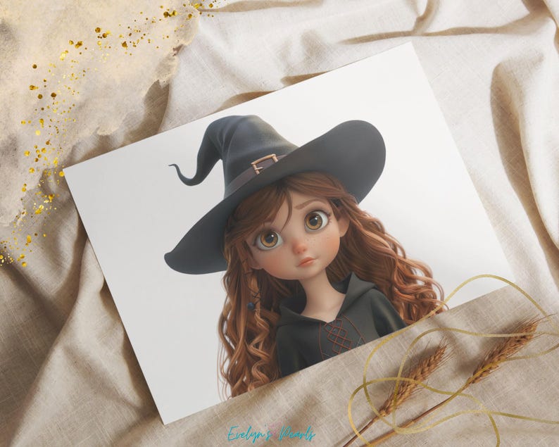 May include: A print featuring a cartoon illustration of a young witch with long, wavy auburn hair and large green eyes. She wears a black witch hat with a gold buckle and a black hooded top. The print is on a white background.