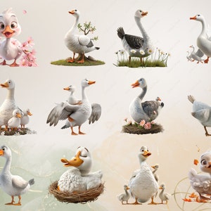 May include: A collection of 10 cartoon geese illustrations. The geese are white, grey, and brown with different poses and expressions. Some geese are standing, some are sitting, and some are flying. Some geese have their wings spread out, while others have their wings folded. Some geese have their beaks open, while others have their beaks closed. Some geese have their eyes open, while others have their eyes closed.