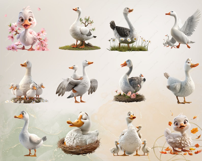 May include: A collection of 10 cartoon geese illustrations. The geese are white, grey, and brown with different poses and expressions. Some geese are standing, some are sitting, and some are flying. Some geese have their wings spread out, while others have their wings folded. Some geese have their beaks open, while others have their beaks closed. Some geese have their eyes open, while others have their eyes closed.