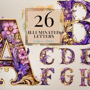 Verlichte letters clipartbundel 26 Engelse alfabet clipart paarse bloemen letters png kaart clipart | Clipart transparant voor commercieel gebruik