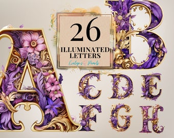 Illuminated Letters Clipart Bundle 26 English Alphabet Clipart Purple Floral Letters PNG Card Clipart | Commercial Use Clipart Transparent
