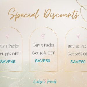 May include: A promotional graphic with the text "Special Discounts" in gold script. It features three arched sections with offers: Buy 2 Packs, Get 45% OFF, Buy 5 Packs, Get 50% OFF, and Buy 10 Packs, Get 60% OFF. The brand name "Evelyn's Pearls" is at the bottom.