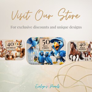 May include: Three digital illustrations of animal characters. The first image shows a family of squirrels with a sign that says "40 Squirrels". The second image shows a family of blue parrots with a sign that says "50 Blue Parrot". The third image shows a family of horses with a sign that says "40 Wild Horses".