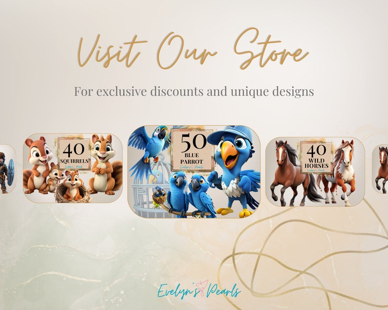 May include: Three digital illustrations of animal characters. The first image shows a family of squirrels with a sign that says "40 Squirrels". The second image shows a family of blue parrots with a sign that says "50 Blue Parrot". The third image shows a family of horses with a sign that says "40 Wild Horses".