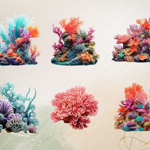 May include: A collection of six colorful coral reef decorations. The coral is made of a variety of materials, including plastic and resin. The coral is arranged in a variety of shapes and sizes, and is painted in a variety of colors, including red, orange, yellow, green, blue, and purple. The coral is perfect for adding a touch of the ocean to any home or office.