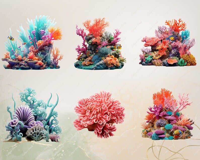 May include: A collection of six colorful coral reef decorations. The coral is made of a variety of materials, including plastic and resin. The coral is arranged in a variety of shapes and sizes, and is painted in a variety of colors, including red, orange, yellow, green, blue, and purple. The coral is perfect for adding a touch of the ocean to any home or office.