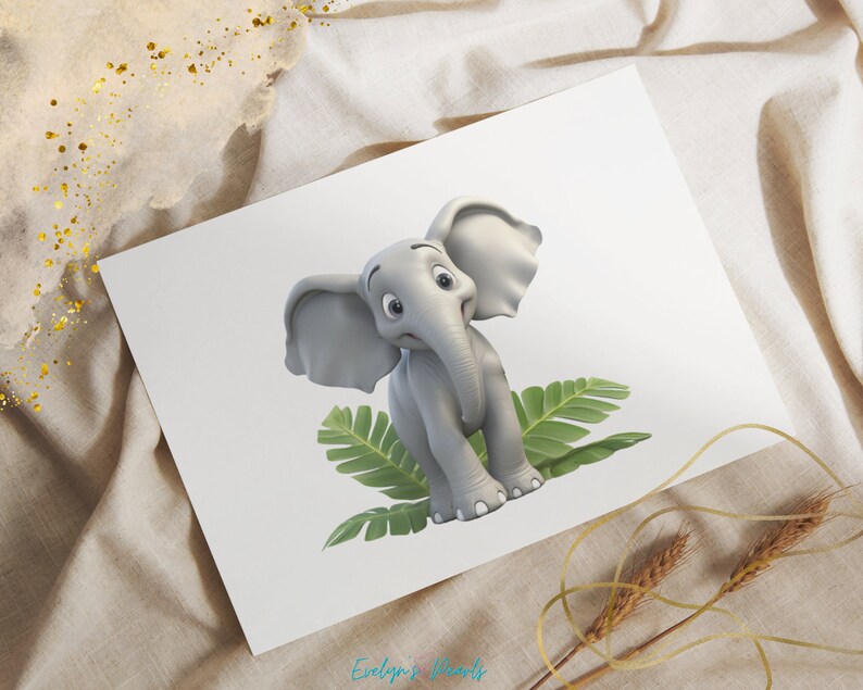 May include: A print featuring a cartoon elephant in shades of gray, sitting on green leaves. The elephant has large ears and a trunk. The print is on a white background, with the text "Evelyn's Woods" in the bottom right corner.