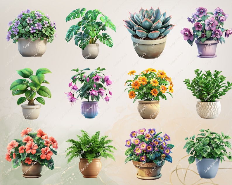 Puede incluir: Una colecci&oacute;n de 12 plantas en maceta con diversas flores y follaje. Las plantas est&aacute;n en macetas de diferentes colores y est&aacute;n dispuestas en una cuadr&iacute;cula. El fondo es de color beige claro.