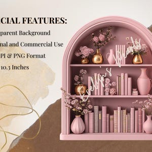 "Special features slide highlighting transparent background, personal and commercial use, 300 DPI, and PNG format with pink bookcase decor."