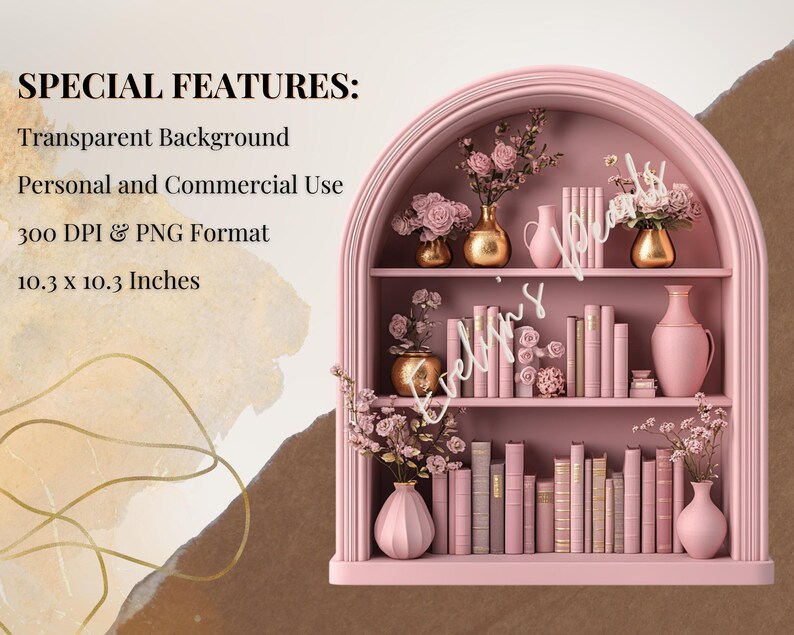 "Special features slide highlighting transparent background, personal and commercial use, 300 DPI, and PNG format with pink bookcase decor."