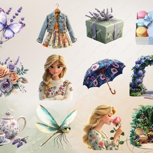 A variety of spring decor featuring a lavender butterfly, Gift Box, Umbrella, Floral Garden adorned,  floral designs, and a teapot with intricate flower motifs.