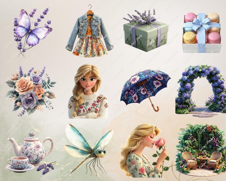 A variety of spring decor featuring a lavender butterfly, Gift Box, Umbrella, Floral Garden adorned,  floral designs, and a teapot with intricate flower motifs.