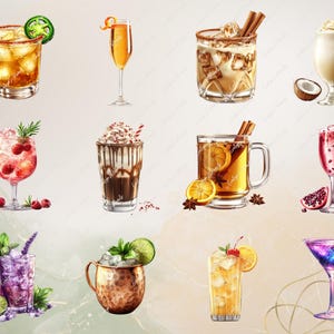 May include: A collection of 10 different illustrated cocktails, including a Moscow Mule, a margarita, a cosmopolitan, a daiquiri, a pi&ntilde;a colada, a mimosa, a bloody mary, a whiskey sour, a gin and tonic, and a rum and coke.