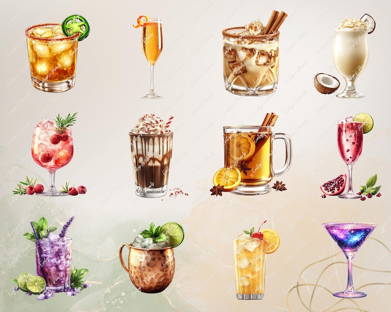May include: A collection of 10 different illustrated cocktails, including a Moscow Mule, a margarita, a cosmopolitan, a daiquiri, a pi&ntilde;a colada, a mimosa, a bloody mary, a whiskey sour, a gin and tonic, and a rum and coke.