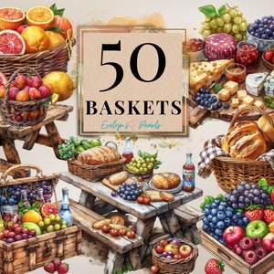 Op de afbeelding: Een verzameling van 50 manden gevuld met verschillende soorten fruit, groenten en andere artikelen. De manden zijn gemaakt van riet en hout en zijn gerangschikt op een picknicktafel en een kleine houten kruk. De afbeelding bevat druiven, aardbeien, appels, peren, sinaasappels, citroenen, limoenen, brood, kaas en andere artikelen.