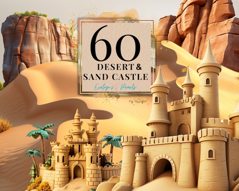 Puede incluir: Una ilustraci&oacute;n digital de 60 gr&aacute;ficos con tem&aacute;tica de desierto y castillos de arena. La imagen presenta dos castillos de arena en un paisaje des&eacute;rtico con palmeras y acantilados rocosos. El texto "60 Desert & Sandcastle" se muestra en un marco rosa y dorado.