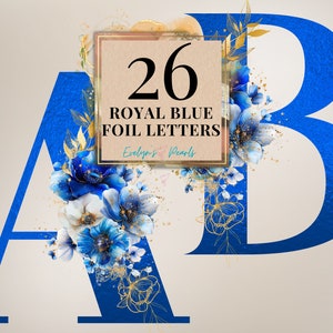Litery Clipart Royal Blue Foil Letter PNG Niebieskie Kwiatowe Litery Clipart Karta PNG 26 Alfabet Angielski | Użytek Komercyjny Clipart Przezroczysty
