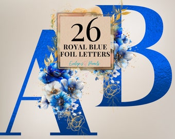 Letters Clipart Royal Blue Foil Letter PNG Blue Floral Letters Clipart Card PNG 26 English Alphabet | Commercial Use Clipart Transparent