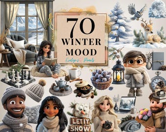 Winter Mood Clipart Bundle, Cozy Festive Characters, Snow Cabins, Hot Cocoa, Winter Deco Clipart for Festive Paper Crafts, Easy Download