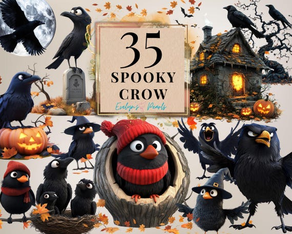 Crow Clipart Spooky Crow PNG Bird Clipart Scary Festive Decor PNG Whimsical Crow Clipart Autumn PNG | Commercial Use Clipart Transparent