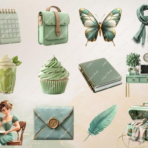 May include: A collection of green and gold themed items including a calendar, a notebook, a small bag, a cupcake, a milkshake, a butterfly, a feather, a scarf, a suitcase, and an envelope.