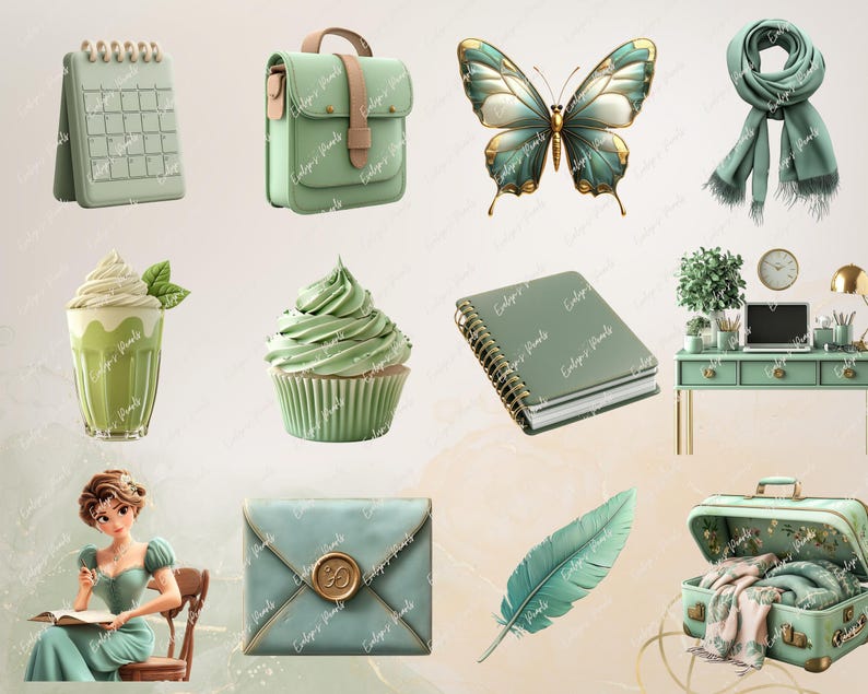 May include: A collection of green and gold themed items including a calendar, a notebook, a small bag, a cupcake, a milkshake, a butterfly, a feather, a scarf, a suitcase, and an envelope.
