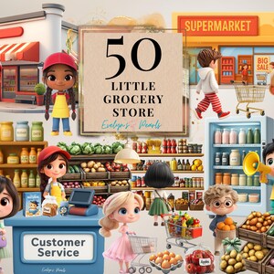 小さな食料品店のクリップアート、ミニスーパーマーケットPNG、レジ係、ショッピングカート、食品棚PNG、キッズプロジェクトI、商用利用クリップアート（透明）