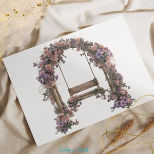 May include: A floral archway with a swing made of wood and vines. The archway is decorated with pink and purple flowers. The swing is hanging from the archway and is ready to be used.