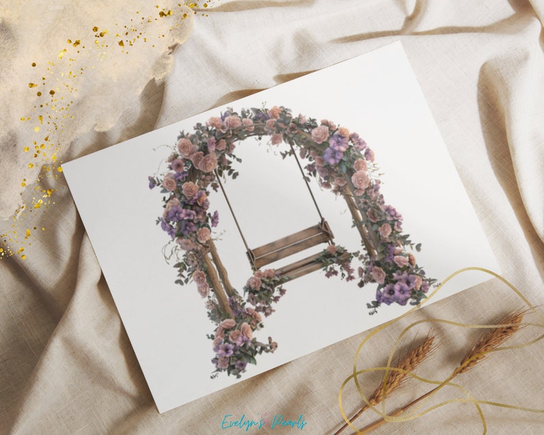 May include: A floral archway with a swing made of wood and vines. The archway is decorated with pink and purple flowers. The swing is hanging from the archway and is ready to be used.