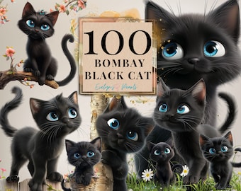 Puede incluir: Una ilustración digital de 100 gatos negros Bombay en varias poses. Los gatos tienen grandes ojos azules y están representados en un estilo de dibujos animados. La imagen incluye el texto "100 Bombay Black Cat" y "Evelyn's Pearls".
