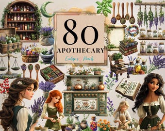 May include: Digital art featuring an apothecary theme with the number 80 in large black font. The image includes shelves of bottles, herbs, scales, and illustrations of women. Wooden spoons and bundles of dried herbs are also visible.