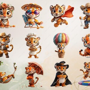 May include: A collection of ten adorable cartoon tiger illustrations. The tigers are depicted in various poses and settings, including wearing hats, holding lollipops, and riding in hot air balloons.