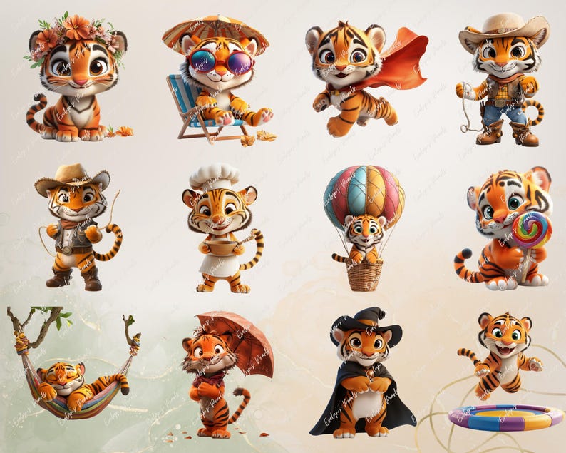 May include: A collection of ten adorable cartoon tiger illustrations. The tigers are depicted in various poses and settings, including wearing hats, holding lollipops, and riding in hot air balloons.