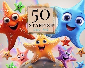 Könnte beinhalten: Eine Sammlung von 50 bunten Cartoon-Seesternen mit lächelnden Gesichtern. Die Seesterne sind in verschiedenen Farben, darunter Orange, Blau, Gelb, Rosa und Lila. Der Text "50 STARFISH" wird auf einem braunen Hintergrund angezeigt.