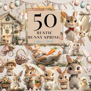 Rustic Bunny Spring Clipart Floral Bunny PNG Country Spring clipart Cute Bunny PNG Floral Basket Clipart Vintage PNG| Commercial Use Clipart